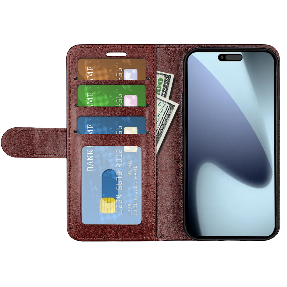 For iPhone 17 Case Crazy Horse Texture Stand Leather Phone Cover - Brown