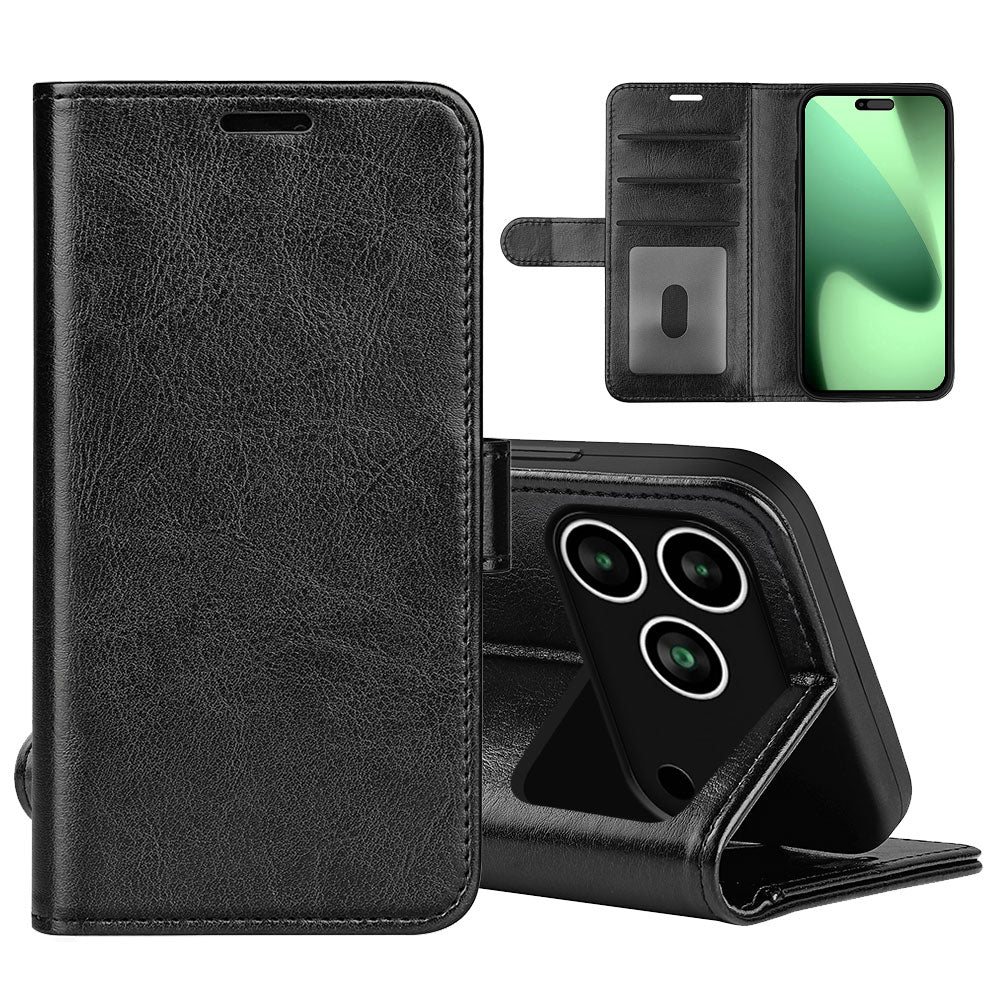 For iPhone 17 Pro Case Crazy Horse Texture Stand Leather Phone Cover - Black