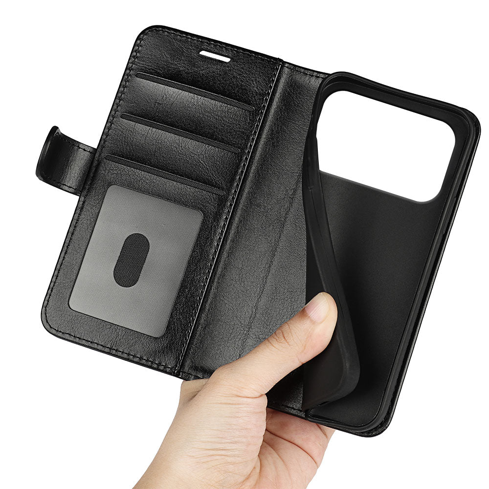 For iPhone 17 Pro Case Crazy Horse Texture Stand Leather Phone Cover - Black