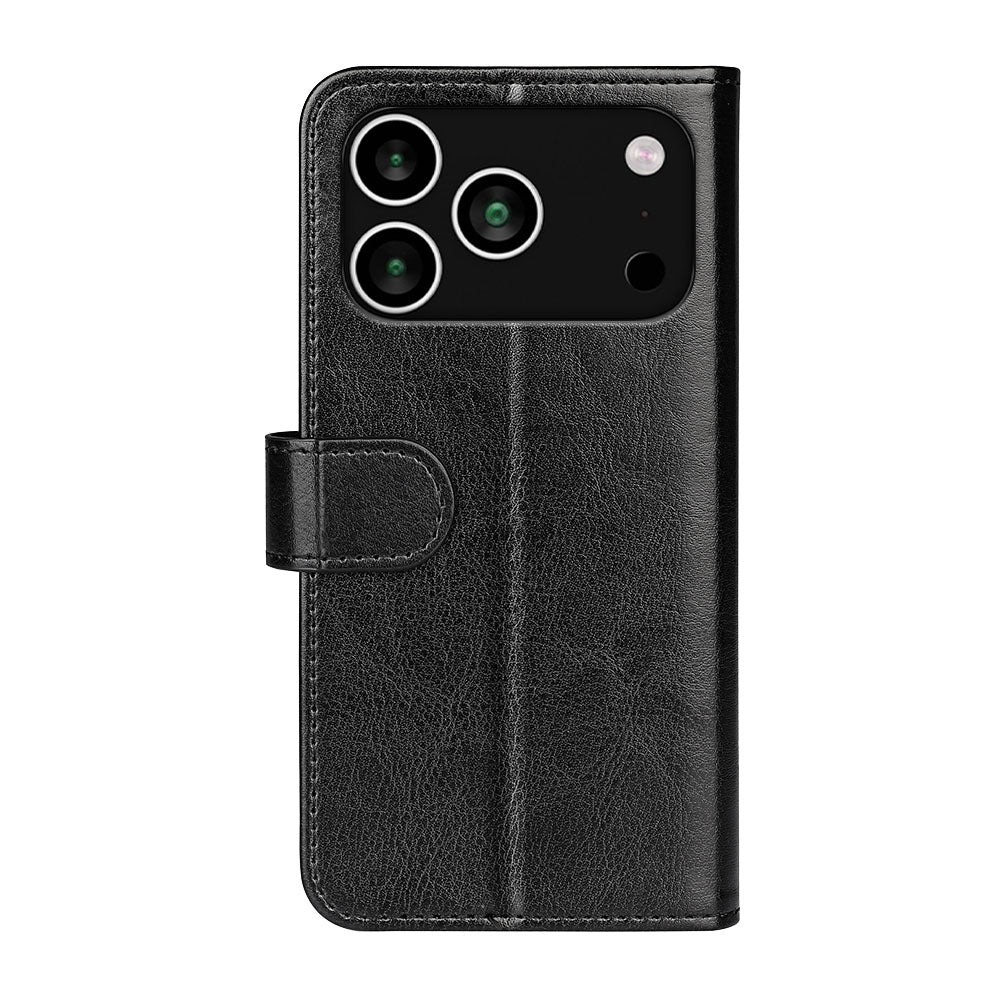 For iPhone 17 Pro Case Crazy Horse Texture Stand Leather Phone Cover - Black