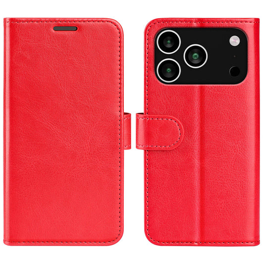For iPhone 17 Pro Case Crazy Horse Texture Stand Leather Phone Cover - Red