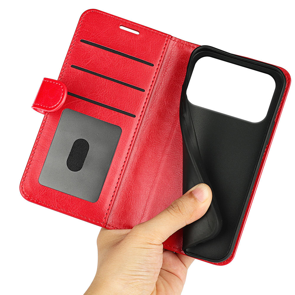 For iPhone 17 Pro Case Crazy Horse Texture Stand Leather Phone Cover - Red