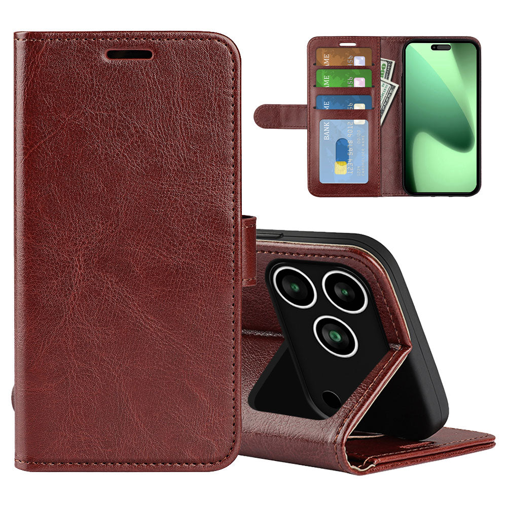 For iPhone 17 Pro Case Crazy Horse Texture Stand Leather Phone Cover - Brown