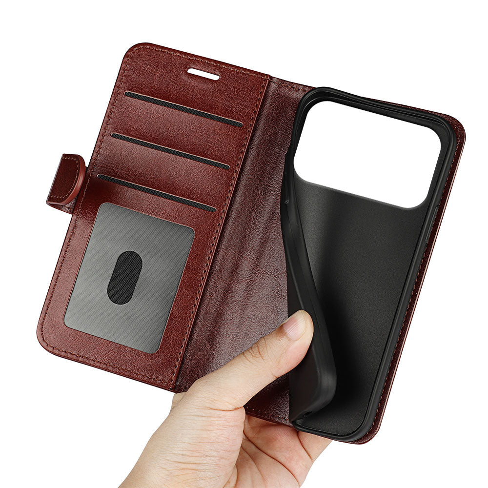 For iPhone 17 Pro Case Crazy Horse Texture Stand Leather Phone Cover - Brown
