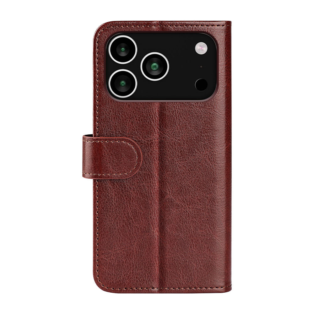 For iPhone 17 Pro Case Crazy Horse Texture Stand Leather Phone Cover - Brown