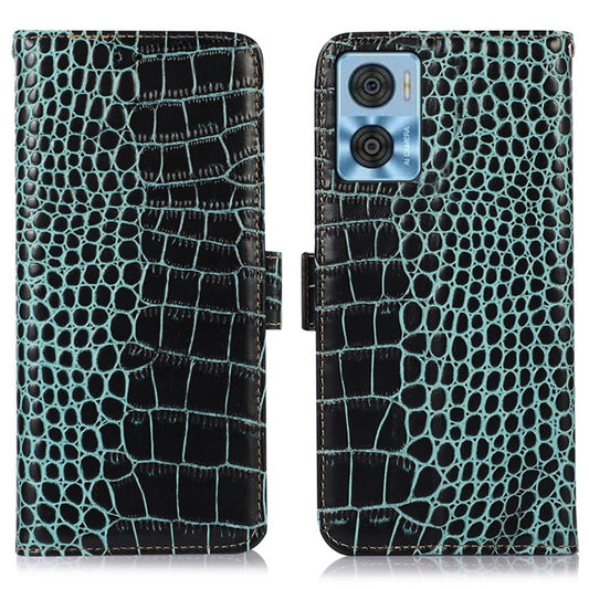 For Motorola Moto E22 4G / E22i 4G Genuine Cowhide Leather Flip Folio Case RFID Blocking Stand Crocodile Texture Wallet Phone Cover - Green