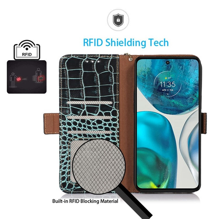 For Motorola Moto E22 4G / E22i 4G Genuine Cowhide Leather Flip Folio Case RFID Blocking Stand Crocodile Texture Wallet Phone Cover - Green
