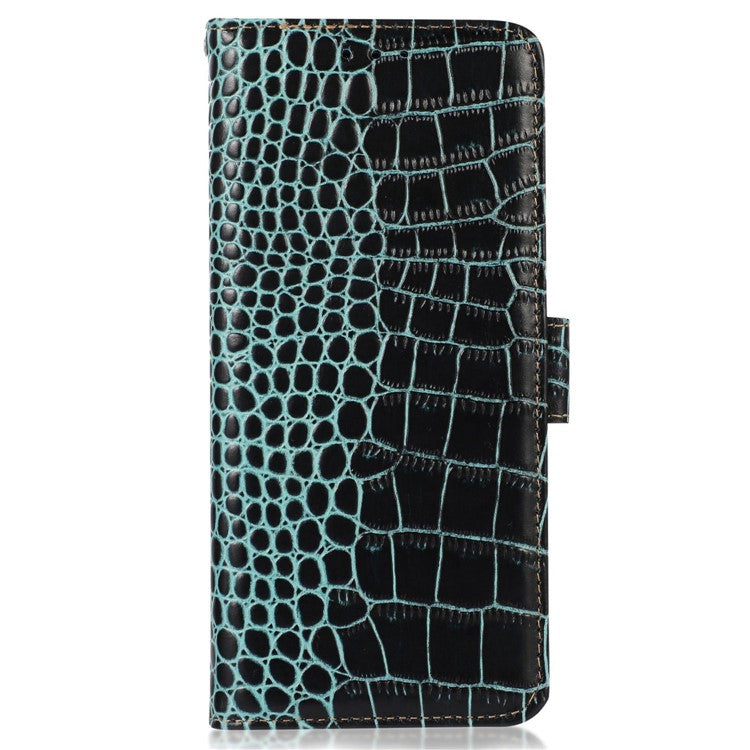 For Motorola Moto E22 4G / E22i 4G Genuine Cowhide Leather Flip Folio Case RFID Blocking Stand Crocodile Texture Wallet Phone Cover - Green
