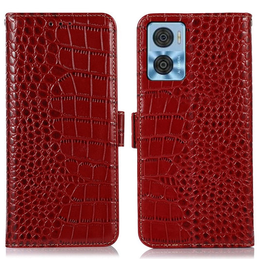 For Motorola Moto E22 4G / E22i 4G Genuine Cowhide Leather Flip Folio Case RFID Blocking Stand Crocodile Texture Wallet Phone Cover - Red
