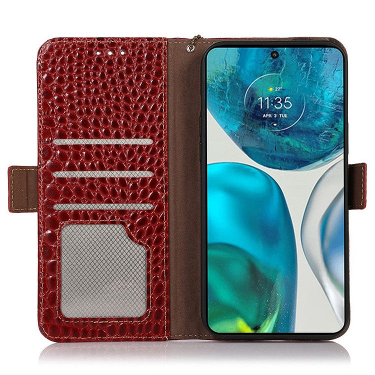 For Motorola Moto E22 4G / E22i 4G Genuine Cowhide Leather Flip Folio Case RFID Blocking Stand Crocodile Texture Wallet Phone Cover - Red