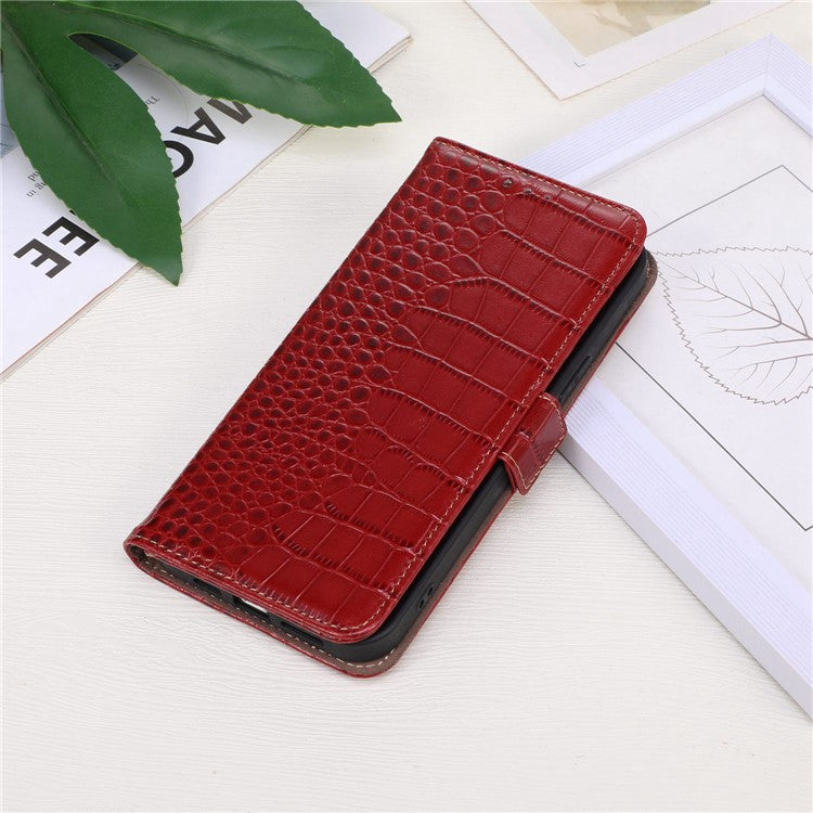 For Motorola Moto E22 4G / E22i 4G Genuine Cowhide Leather Flip Folio Case RFID Blocking Stand Crocodile Texture Wallet Phone Cover - Red