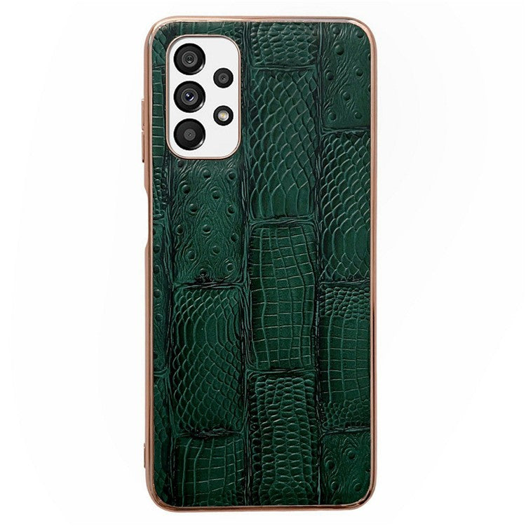 For Samsung Galaxy A13 4G Genuine Cowhide Leather+PC+TPU Phone Case Nano Electroplating Mahjong Texture Cell Phone Back Cover - Green