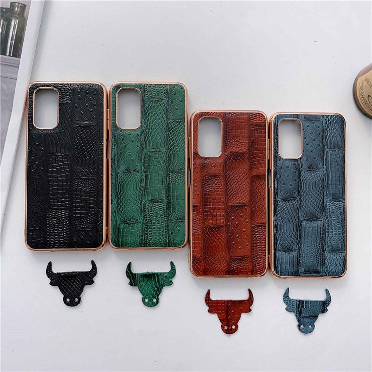 For Samsung Galaxy A13 4G Genuine Cowhide Leather+PC+TPU Phone Case Nano Electroplating Mahjong Texture Cell Phone Back Cover - Green