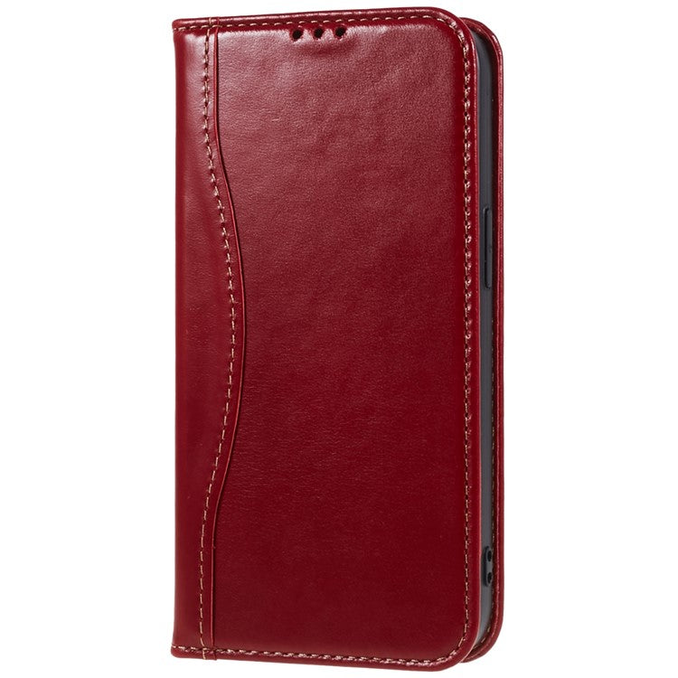 FIERRE SHANN Full Protection Case for iPhone 14 Plus, Magnetic Auto Closing Top Layer Cowhide Leather Foldable Stand Cover with Wallet - Red