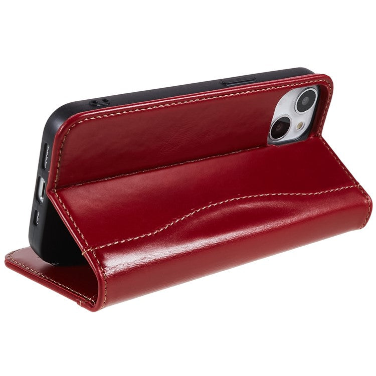 FIERRE SHANN Full Protection Case for iPhone 14 Plus, Magnetic Auto Closing Top Layer Cowhide Leather Foldable Stand Cover with Wallet - Red