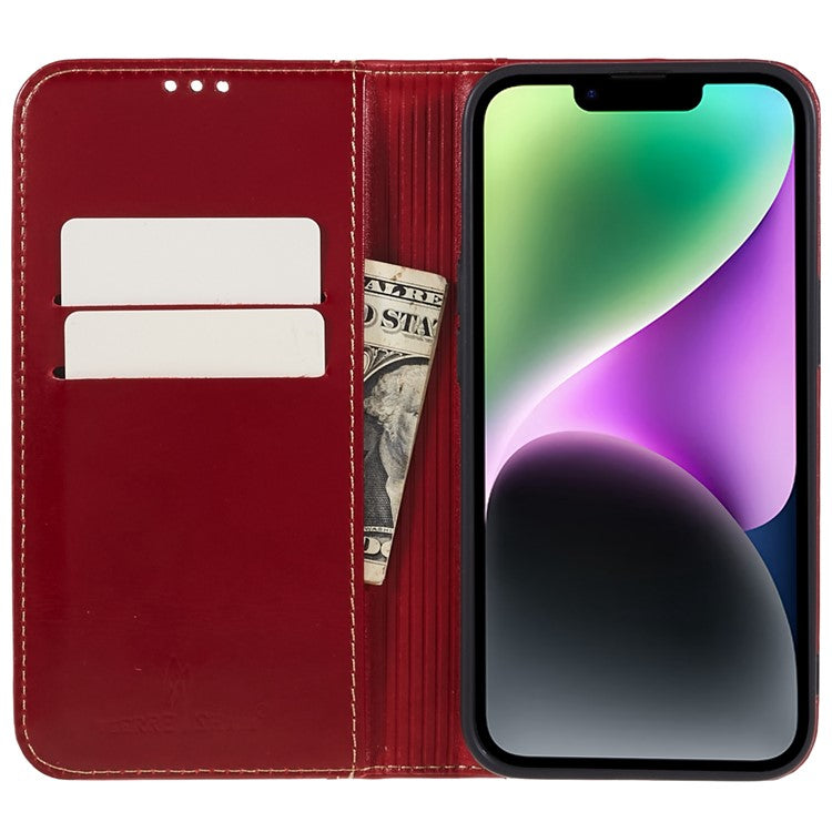 FIERRE SHANN Full Protection Case for iPhone 14 Plus, Magnetic Auto Closing Top Layer Cowhide Leather Foldable Stand Cover with Wallet - Red