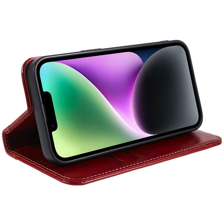 FIERRE SHANN Full Protection Case for iPhone 14 Plus, Magnetic Auto Closing Top Layer Cowhide Leather Foldable Stand Cover with Wallet - Red