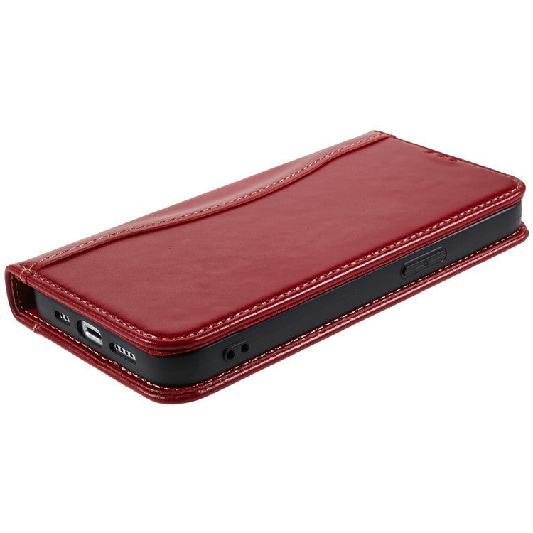 FIERRE SHANN Full Protection Case for iPhone 14 Plus, Magnetic Auto Closing Top Layer Cowhide Leather Foldable Stand Cover with Wallet - Red