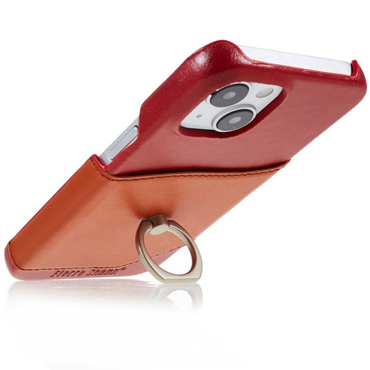 FIERRE SHANN Protective Case for iPhone 14 Ring Kickstand Genuine Leather+PU Leather+PC Phone Drop-proof Cover with Card Slot - Red