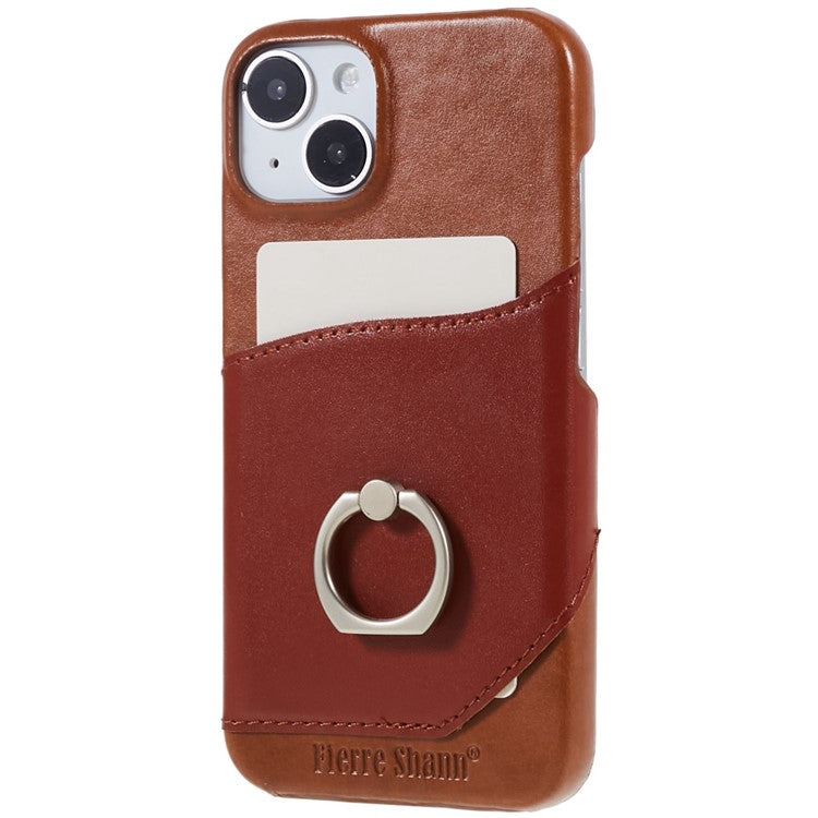 FIERRE SHANN Protective Case for iPhone 14 Ring Kickstand Genuine Leather+PU Leather+PC Phone Drop-proof Cover with Card Slot - Red