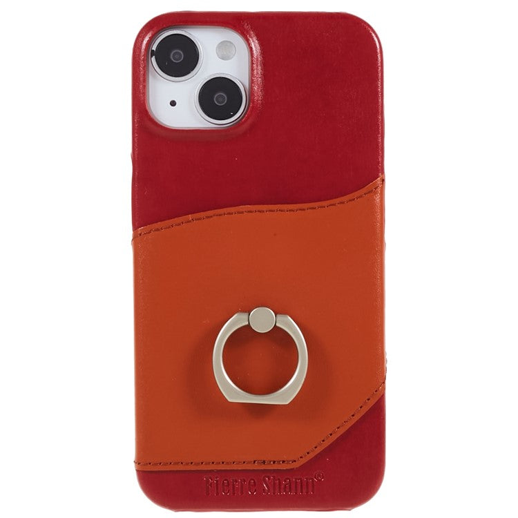 FIERRE SHANN Protective Case for iPhone 14 Ring Kickstand Genuine Leather+PU Leather+PC Phone Drop-proof Cover with Card Slot - Red