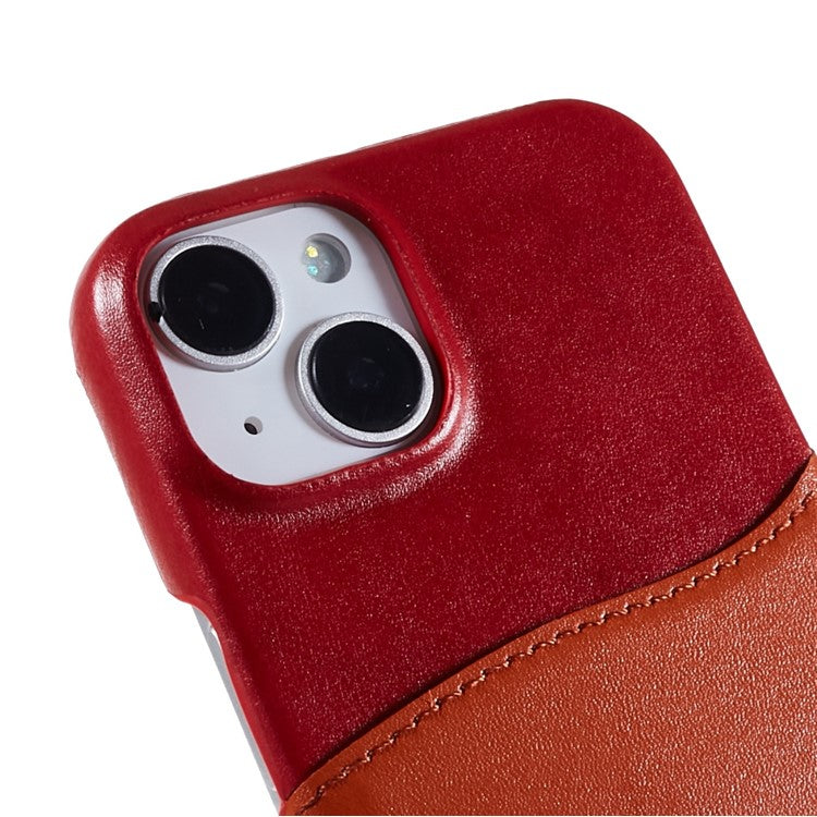 FIERRE SHANN Protective Case for iPhone 14 Ring Kickstand Genuine Leather+PU Leather+PC Phone Drop-proof Cover with Card Slot - Red