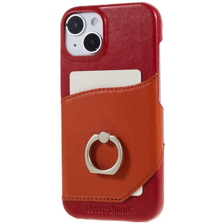 FIERRE SHANN Protective Case for iPhone 14 Ring Kickstand Genuine Leather+PU Leather+PC Phone Drop-proof Cover with Card Slot - Red