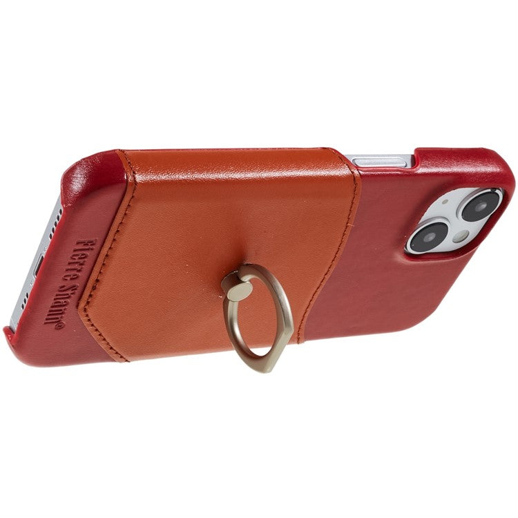 FIERRE SHANN Protective Case for iPhone 14 Ring Kickstand Genuine Leather+PU Leather+PC Phone Drop-proof Cover with Card Slot - Red