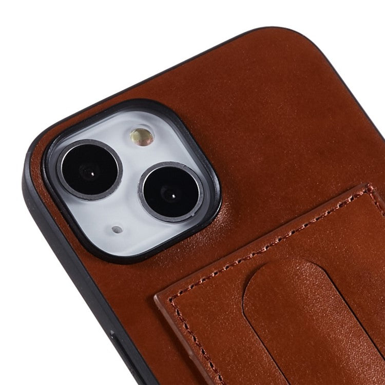 Kickstand Design Back Case for iPhone 14 Plus PU Leather Coated TPU Phone Protective Cover with Card Slot - Brown
