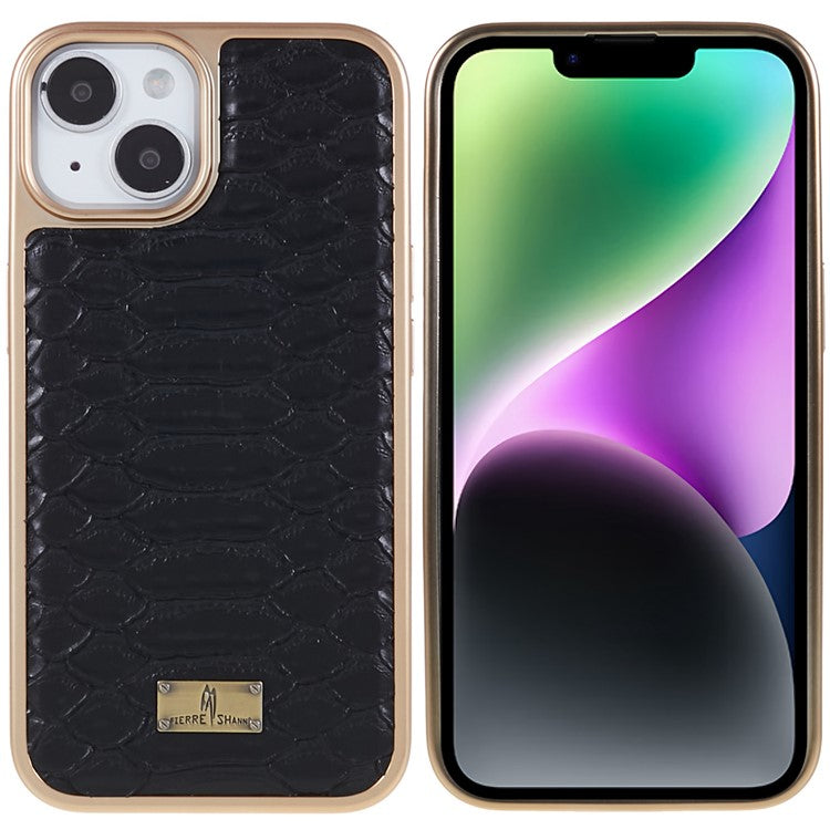 FIERRE SHANN For iPhone 14 Python Texture PU Leather Coated TPU Phone Back Case Electroplated Anti-fall Anti-scratch Cover - Black