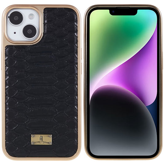 FIERRE SHANN For iPhone 14 Python Texture PU Leather Coated TPU Phone Back Case Electroplated Anti-fall Anti-scratch Cover - Black