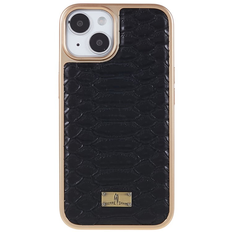 FIERRE SHANN For iPhone 14 Python Texture PU Leather Coated TPU Phone Back Case Electroplated Anti-fall Anti-scratch Cover - Black