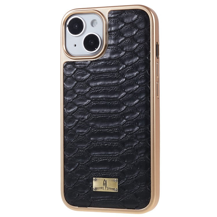 FIERRE SHANN For iPhone 14 Python Texture PU Leather Coated TPU Phone Back Case Electroplated Anti-fall Anti-scratch Cover - Black