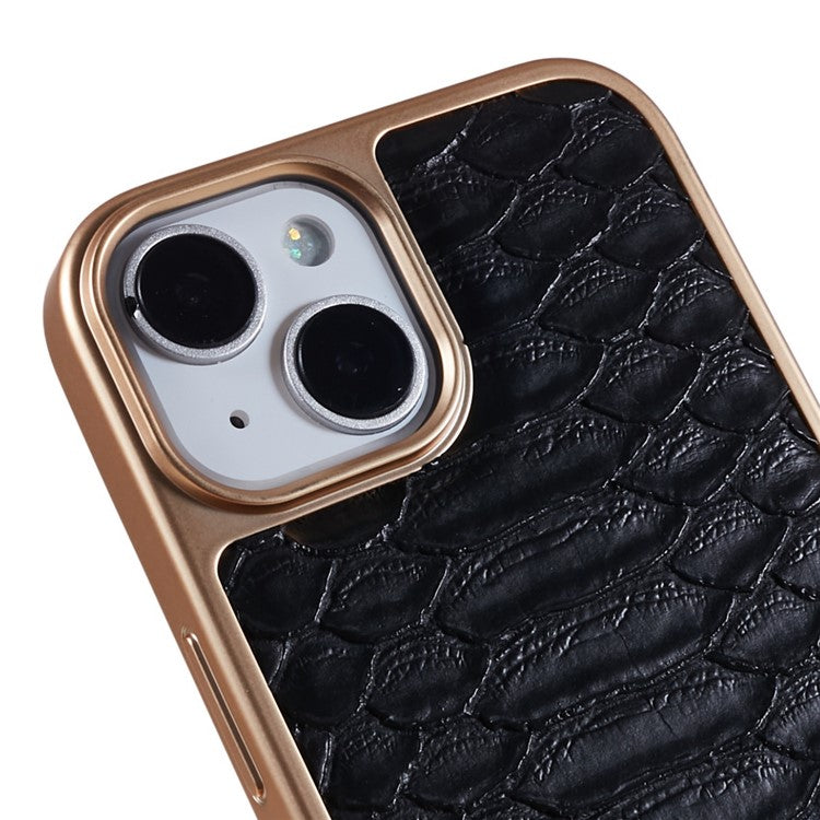 FIERRE SHANN For iPhone 14 Python Texture PU Leather Coated TPU Phone Back Case Electroplated Anti-fall Anti-scratch Cover - Black