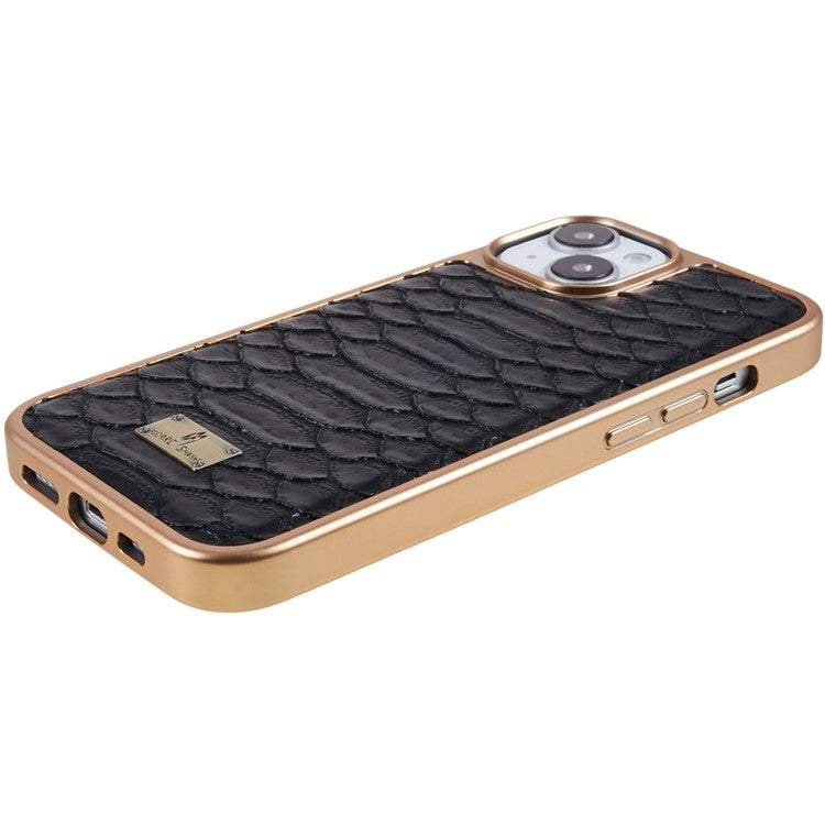 FIERRE SHANN For iPhone 14 Python Texture PU Leather Coated TPU Phone Back Case Electroplated Anti-fall Anti-scratch Cover - Black