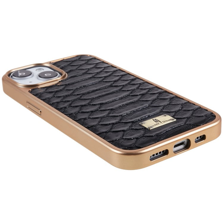 FIERRE SHANN For iPhone 14 Python Texture PU Leather Coated TPU Phone Back Case Electroplated Anti-fall Anti-scratch Cover - Black