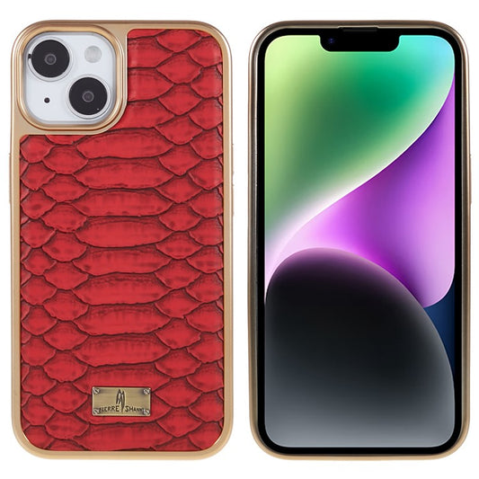 FIERRE SHANN For iPhone 14 Python Texture PU Leather Coated TPU Phone Back Case Electroplated Anti-fall Anti-scratch Cover - Red