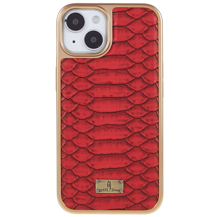 FIERRE SHANN For iPhone 14 Python Texture PU Leather Coated TPU Phone Back Case Electroplated Anti-fall Anti-scratch Cover - Red