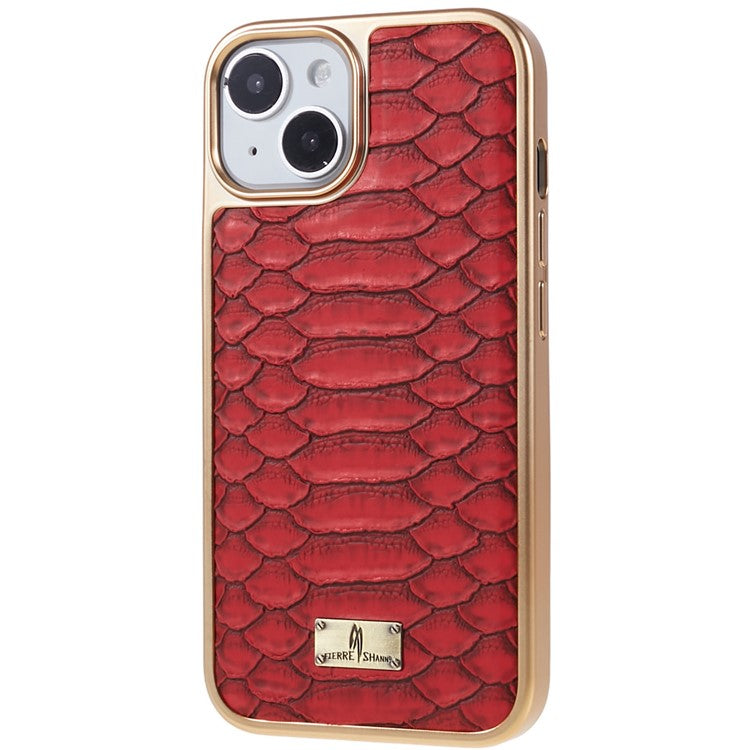 FIERRE SHANN For iPhone 14 Python Texture PU Leather Coated TPU Phone Back Case Electroplated Anti-fall Anti-scratch Cover - Red