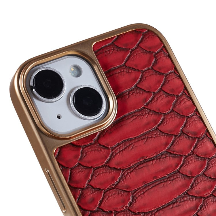 FIERRE SHANN For iPhone 14 Python Texture PU Leather Coated TPU Phone Back Case Electroplated Anti-fall Anti-scratch Cover - Red