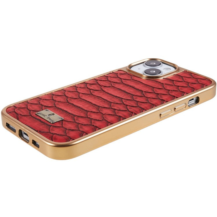 FIERRE SHANN For iPhone 14 Python Texture PU Leather Coated TPU Phone Back Case Electroplated Anti-fall Anti-scratch Cover - Red