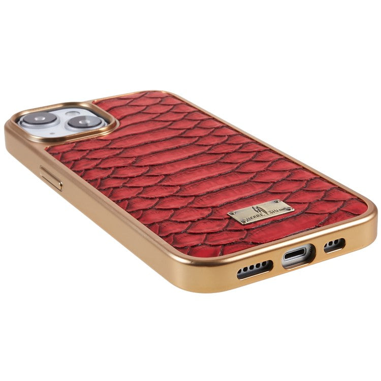 FIERRE SHANN For iPhone 14 Python Texture PU Leather Coated TPU Phone Back Case Electroplated Anti-fall Anti-scratch Cover - Red