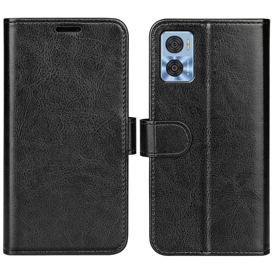 Anti-fall PU Leather Phone Cover for Motorola Moto E22 4G, Crazy Horse Texture Stand Flip Wallet Full Protection Phone Case - Black