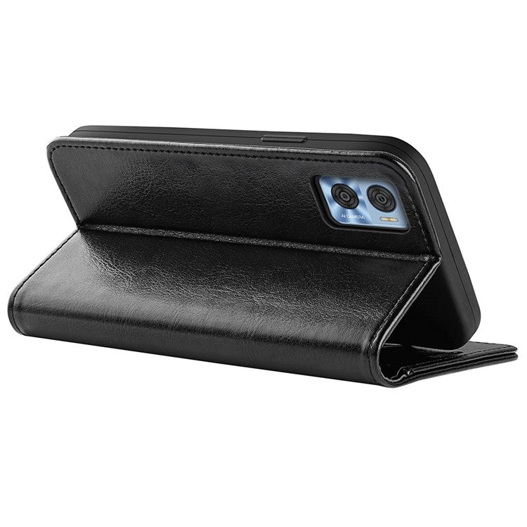 Anti-fall PU Leather Phone Cover for Motorola Moto E22 4G, Crazy Horse Texture Stand Flip Wallet Full Protection Phone Case - Black