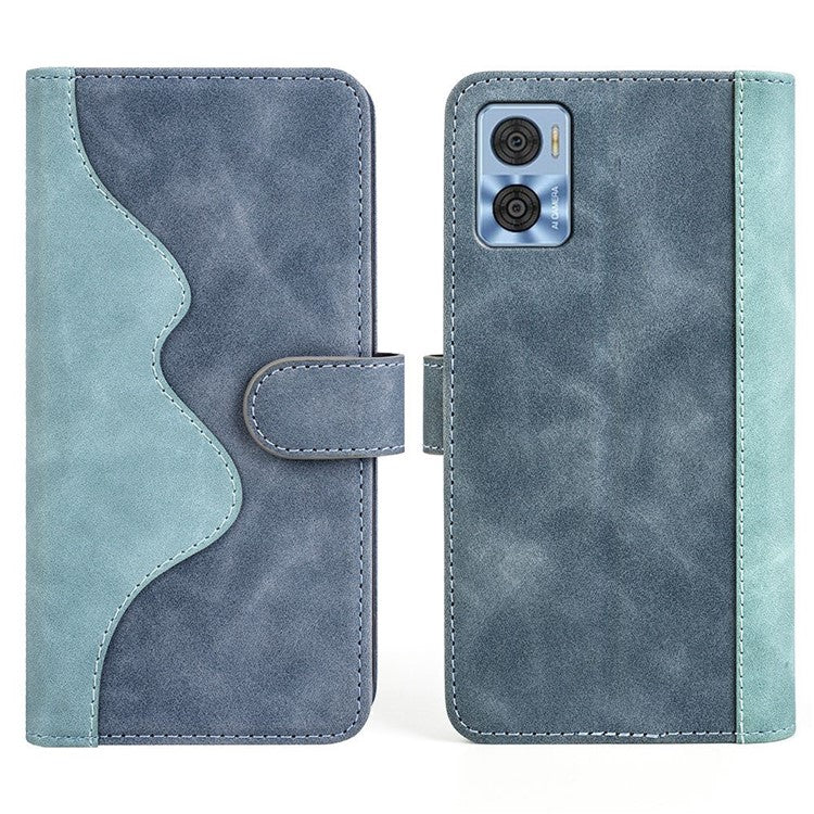 Shockproof Phone Shell For Motorola Moto E22 4G, PU Leather Color Splicing Stand Wallet Case Folio Flip Phone Cover - Blue
