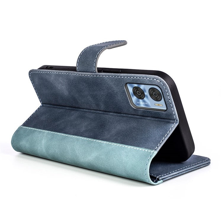 Shockproof Phone Shell For Motorola Moto E22 4G, PU Leather Color Splicing Stand Wallet Case Folio Flip Phone Cover - Blue