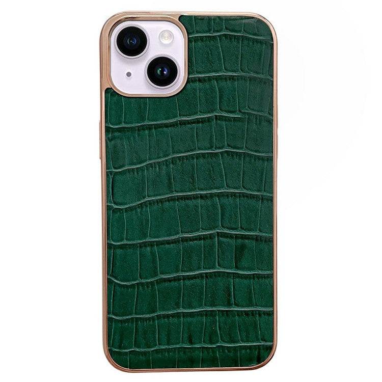 For iPhone 14 Crocodile Texture Genuine Leather Coated TPU Drop-proof Case Nano Electroplating Phone Back Cover - Green