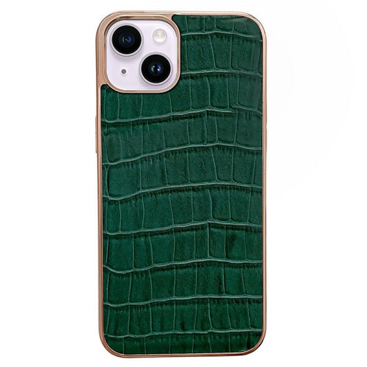 For iPhone 14 Crocodile Texture Genuine Leather Coated TPU Drop-proof Case Nano Electroplating Phone Back Cover - Green