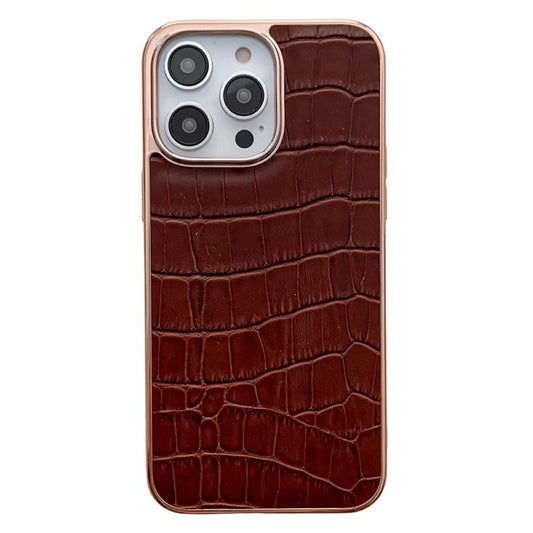 Crocodile Texture Phone Cover for iPhone 14 Pro, Genuine Leather Coated TPU Drop-proof Case Nano Electroplating Phone Back Shell - Brown