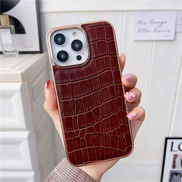 Crocodile Texture Phone Cover for iPhone 14 Pro, Genuine Leather Coated TPU Drop-proof Case Nano Electroplating Phone Back Shell - Brown